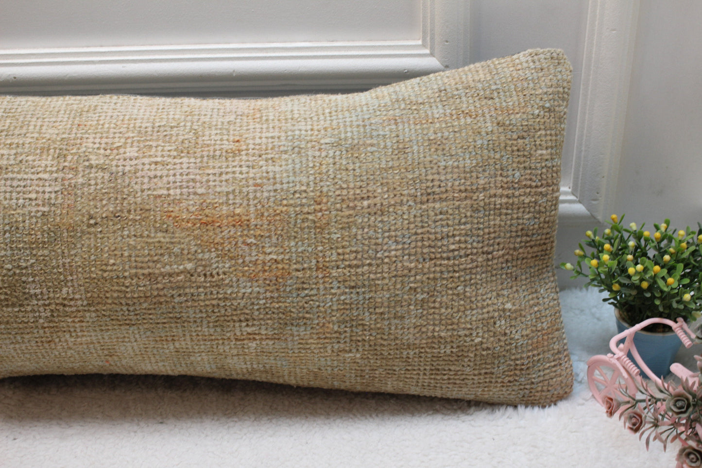 Lumbar Turkish Rug Pillow Cover: Beige Brown Boho Decor (12x36 in)