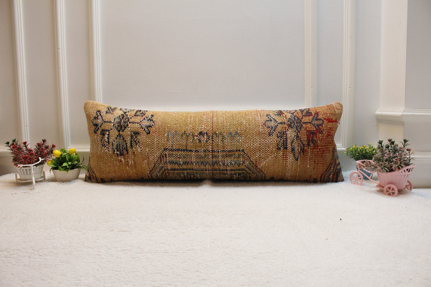 Orange Turkish Rug Pillow Cover: Vintage Boho Lumbar Pillow, 12x36 inch