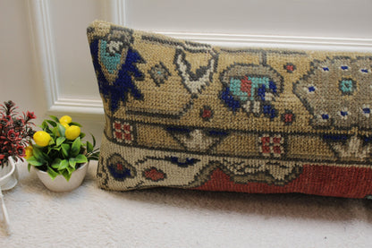 Vintage Turkish Rug Lumbar Pillow Cover: Red & Brown, 12x36 inch