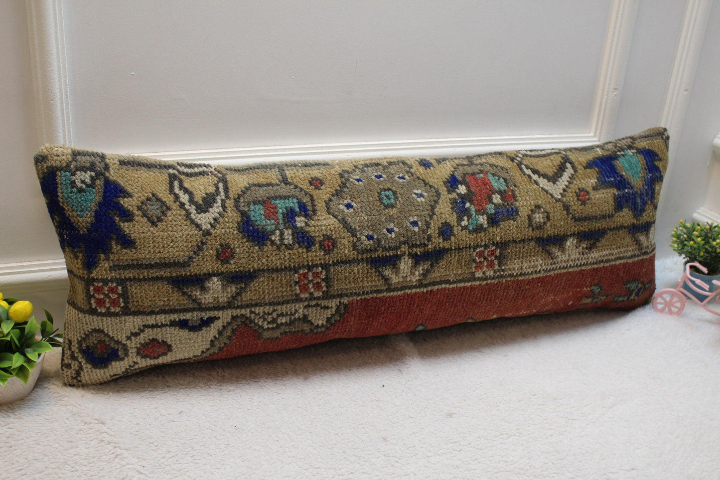 Vintage Turkish Rug Lumbar Pillow Cover: Red & Brown, 12x36 inch