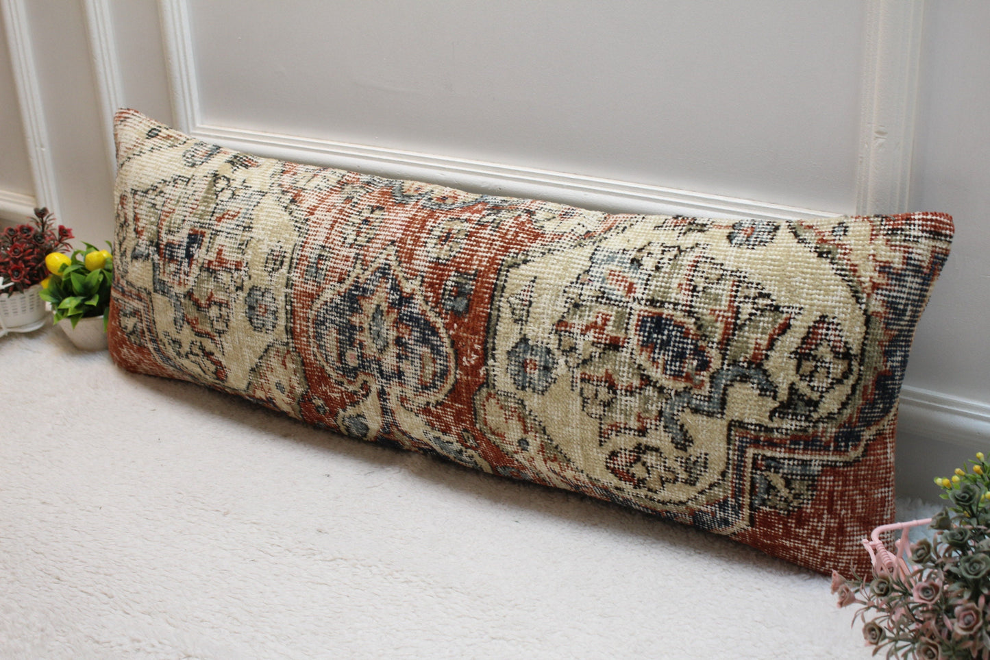 Handmade Kilim Pillow Cover: Red Beige Woven Rug, 12x36 inch