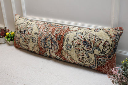 Handmade Kilim Pillow Cover: Red Beige Woven Rug, 12x36 inch