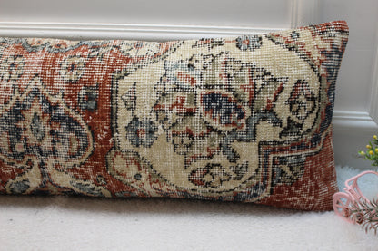 Handmade Kilim Pillow Cover: Red Beige Woven Rug, 12x36 inch