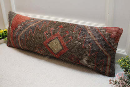 Handmade Kilim Pillow Cover: Black & Red Woven Rug Pillow (12x36 in)