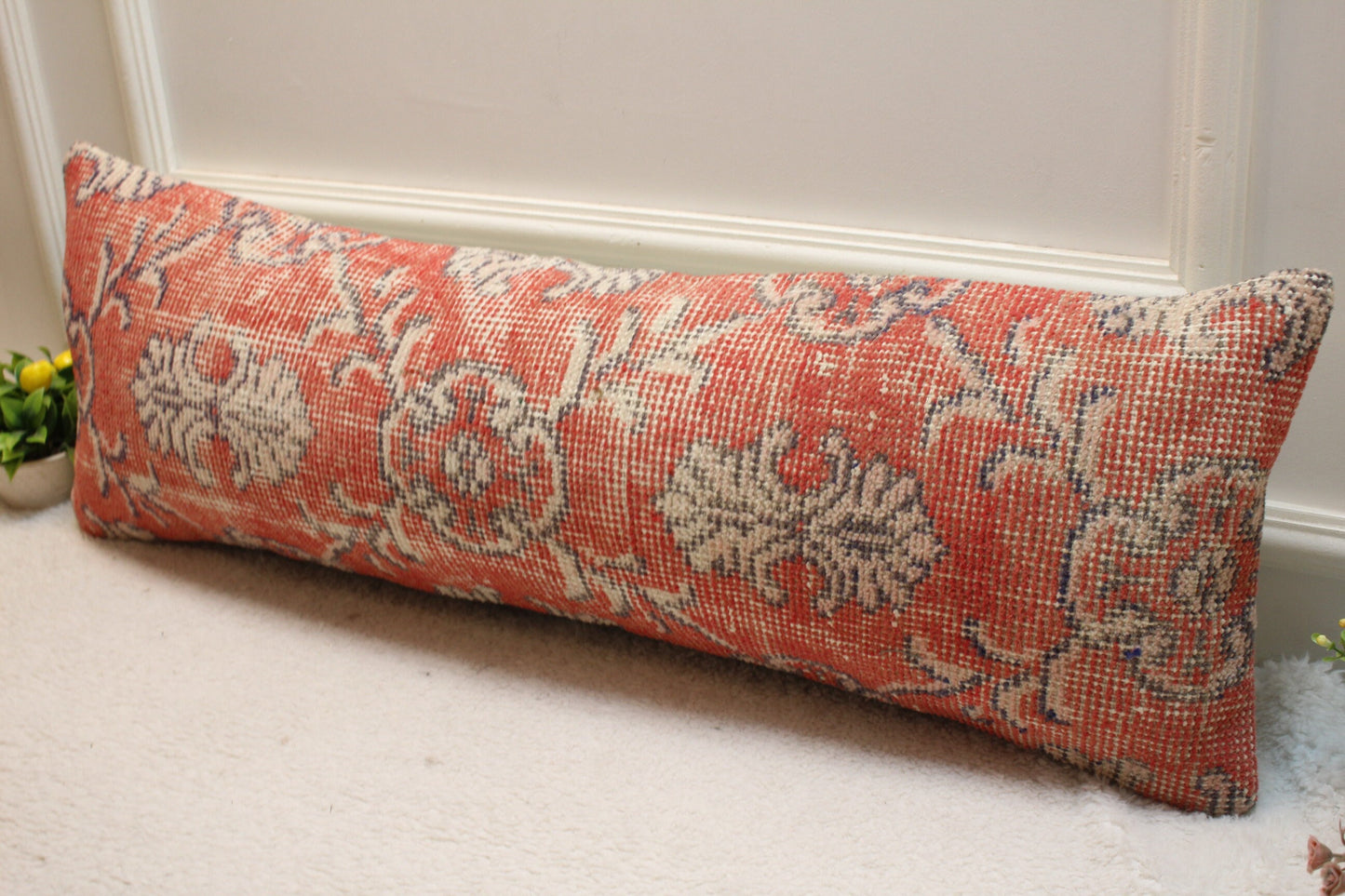Red Turkish Rug Pillow Cover: Vintage Kilim Lumbar Pillow, 12x36 inch