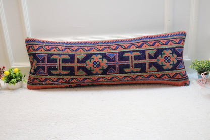 Handmade Kilim Pillow Cover: Geometric Woven Wool Lumbar Pillow (12x36 in)