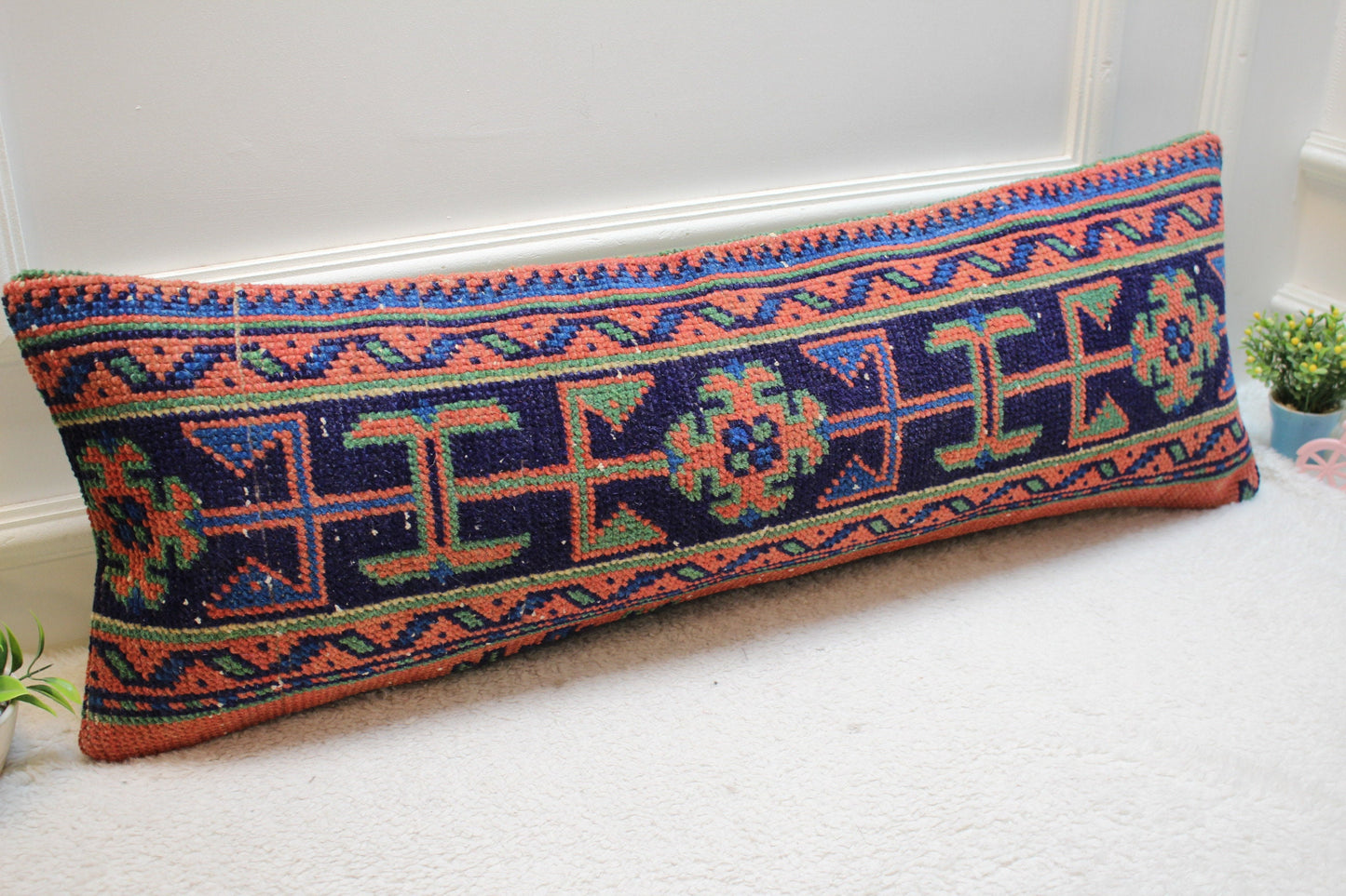 Handmade Kilim Pillow Cover: Geometric Woven Wool Lumbar Pillow (12x36 in)