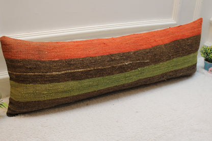 Striped Kilim Lumbar Pillow Cover: 12x36 inch, Upcycled Wool Rug