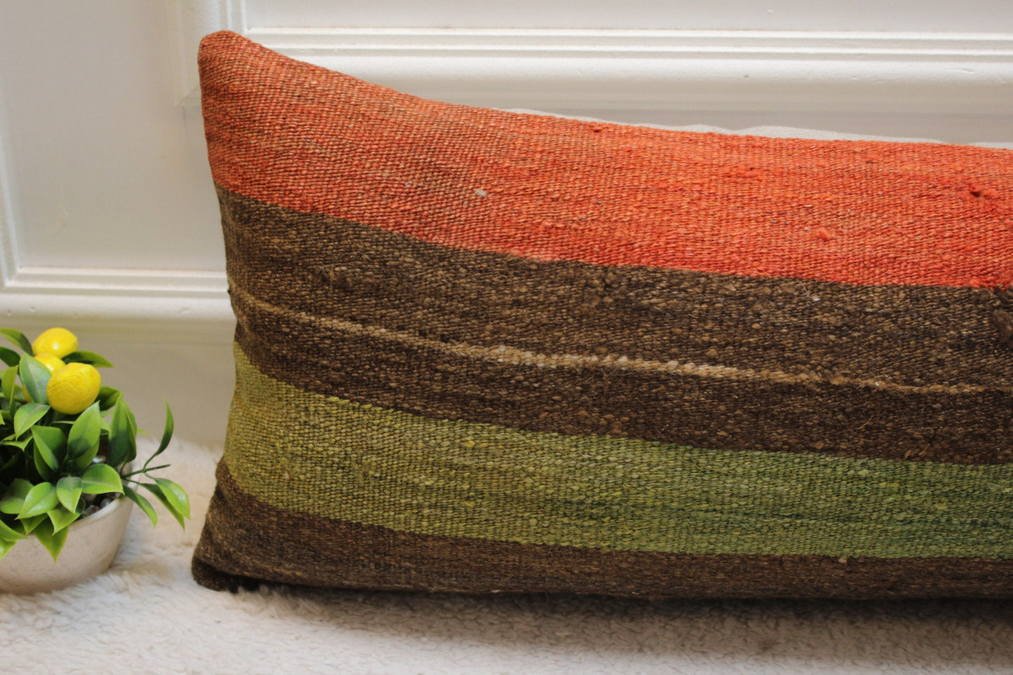 Striped Kilim Lumbar Pillow Cover: 12x36 inch, Upcycled Wool Rug