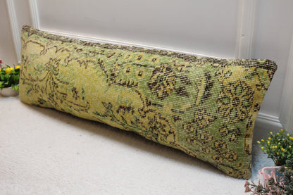 Vintage Turkish Rug Pillow Cover: Yellow Green Anatolian Kilim (12x36 in)