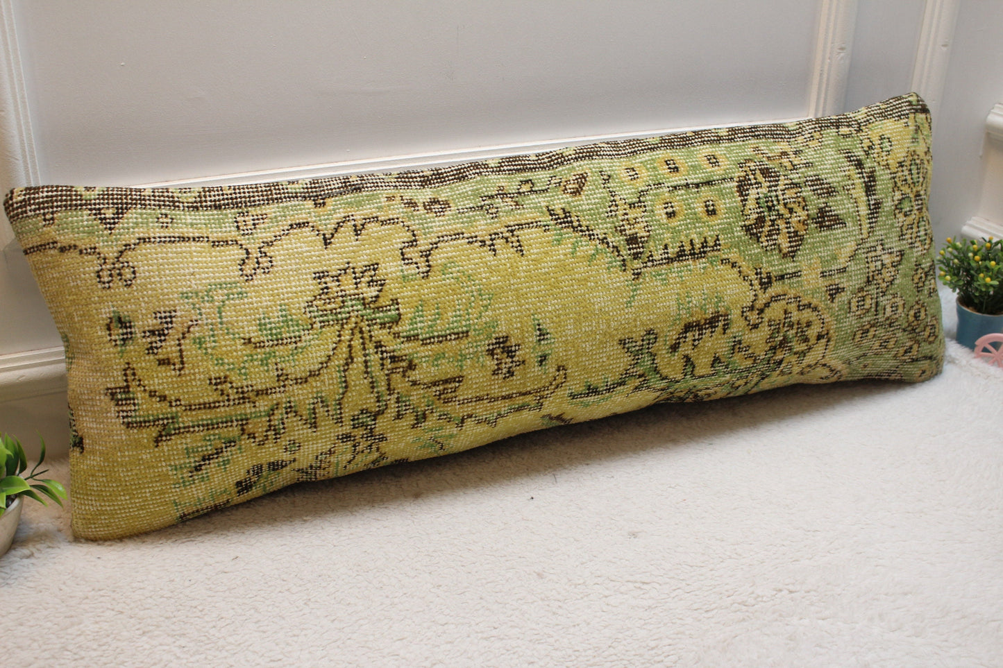 Vintage Turkish Rug Pillow Cover: Yellow Green Anatolian Kilim (12x36 in)
