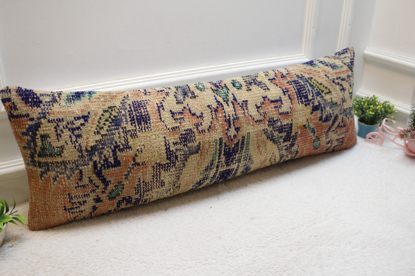 Floral Kilim Pillow Cover (12x36 in): Upcycled Woven Rug