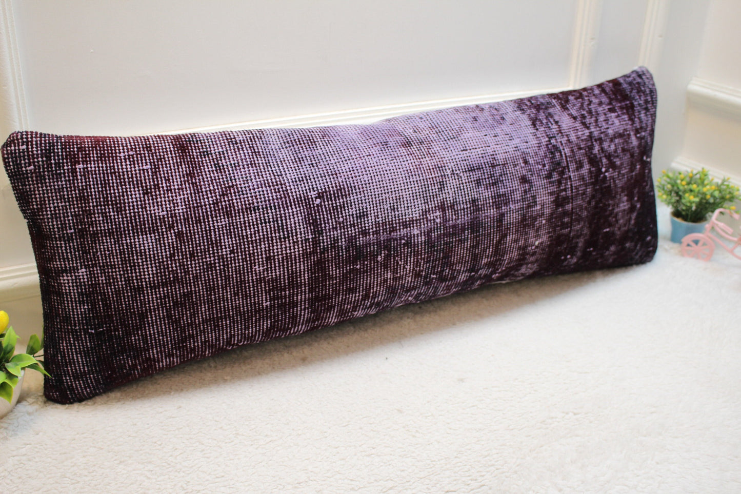 Handmade Purple Kilim Pillow Cover: Upcycled Wool Rug, 12x36 inch