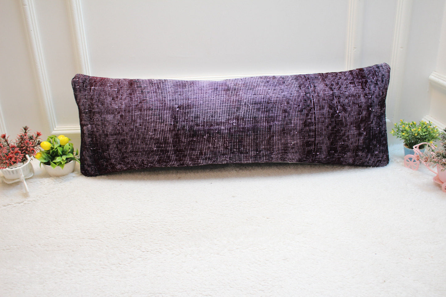 Handmade Purple Kilim Pillow Cover: Upcycled Wool Rug, 12x36 inch