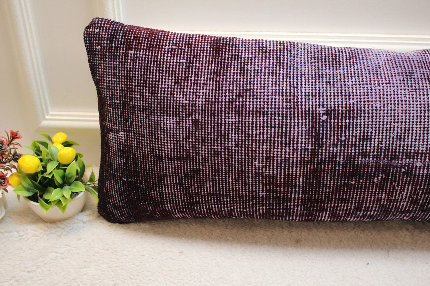 Handmade Purple Kilim Pillow Cover: Upcycled Wool Rug, 12x36 inch