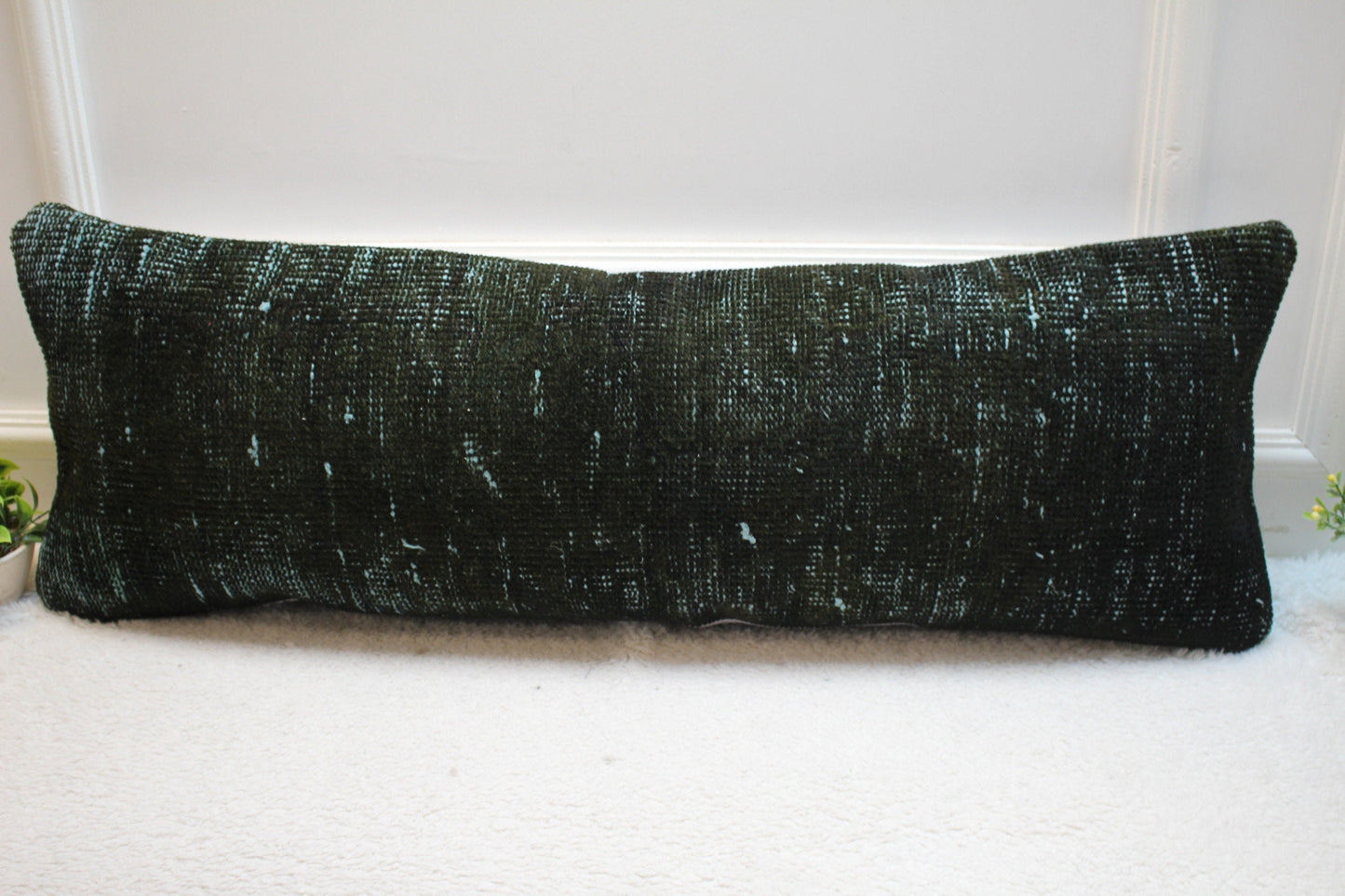 Green Turkish Rug Pillow Cover: Vintage Boho Lumbar Pillow (12x36 in)