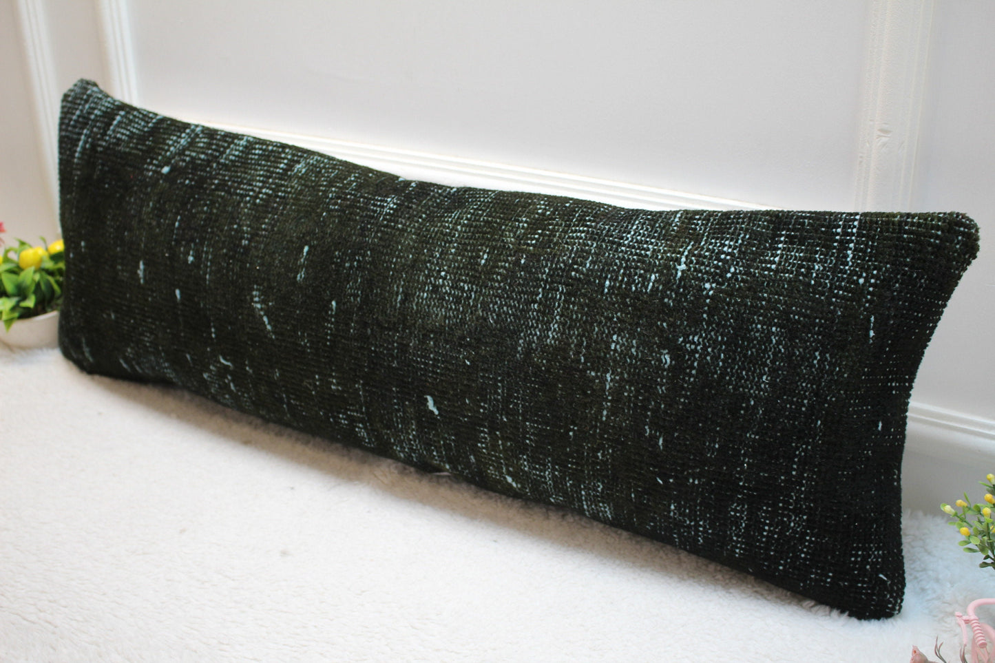 Green Turkish Rug Pillow Cover: Vintage Boho Lumbar Pillow (12x36 in)