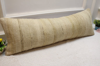 Handmade Beige Kilim Lumbar Pillow Cover: Upcycled Woven Rug, 12x36