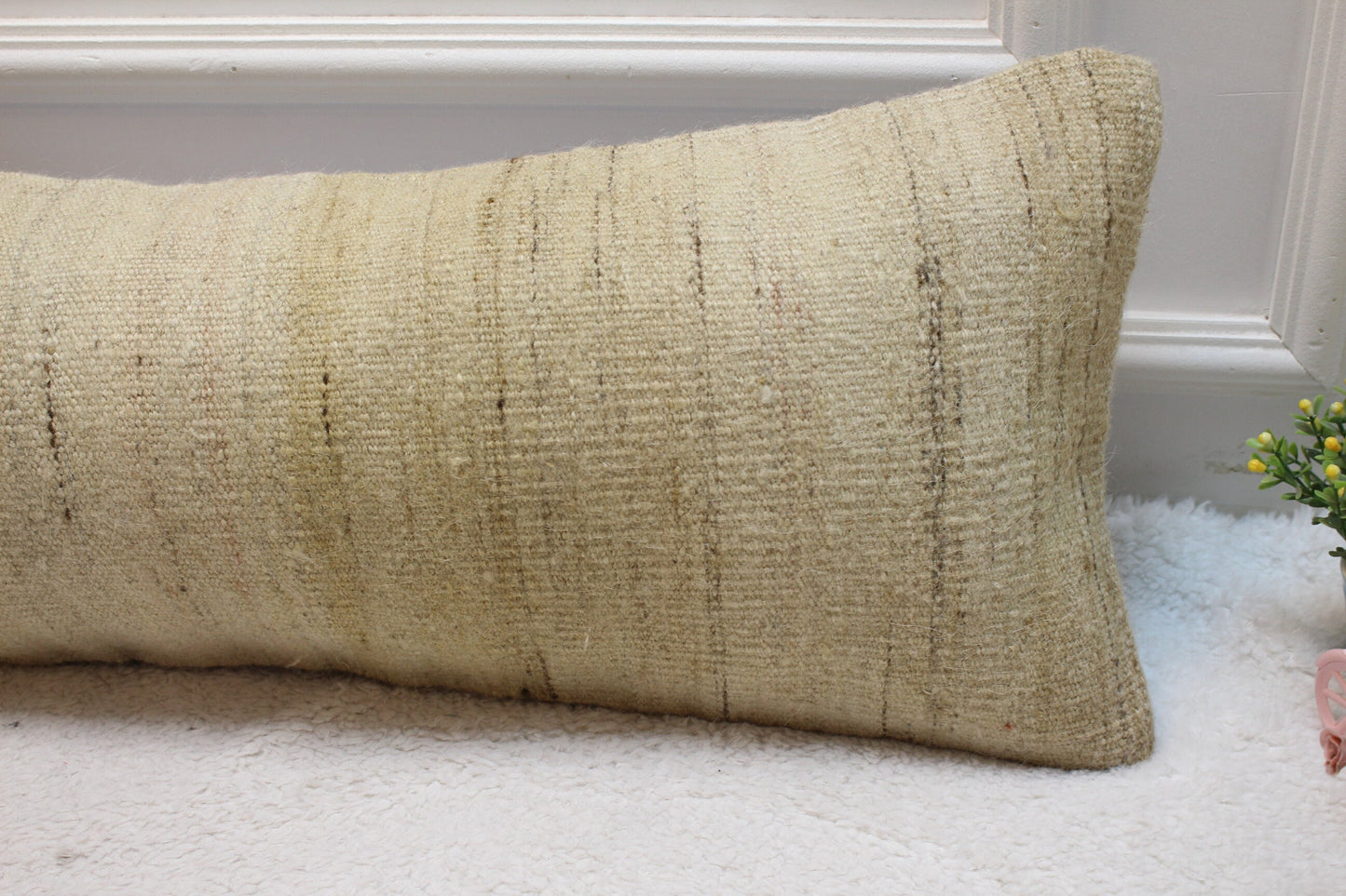Handmade Beige Kilim Lumbar Pillow Cover: Upcycled Woven Rug, 12x36