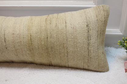 Handmade Beige Kilim Lumbar Pillow Cover: Upcycled Woven Rug, 12x36