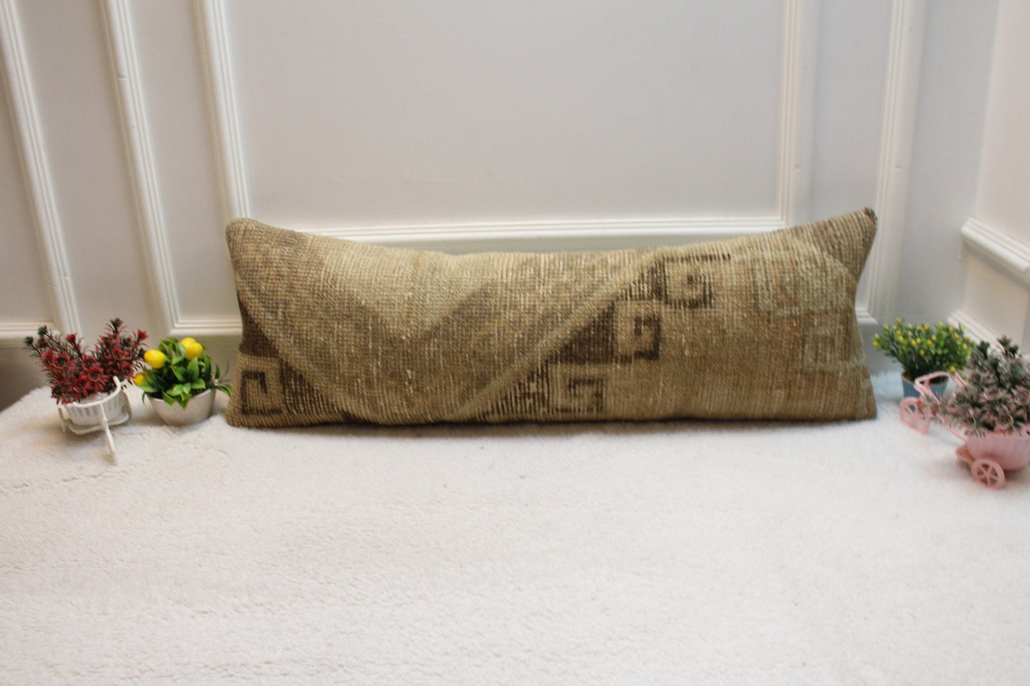 Vintage Turkish Rug Lumbar Pillow Cover: Brown Anatolian Design (12x36 in)
