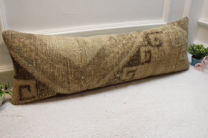 Vintage Turkish Rug Lumbar Pillow Cover: Brown Anatolian Design (12x36 in)
