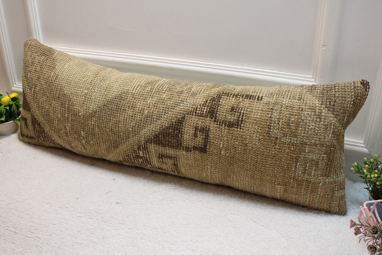 Vintage Turkish Rug Lumbar Pillow Cover: Brown Anatolian Design (12x36 in)