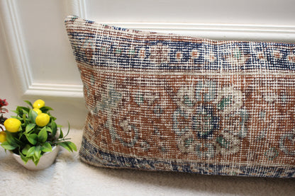 Vintage Turkish Rug Pillow Cover: Blue & Brown Wool Lumbar Pillow (12x36)