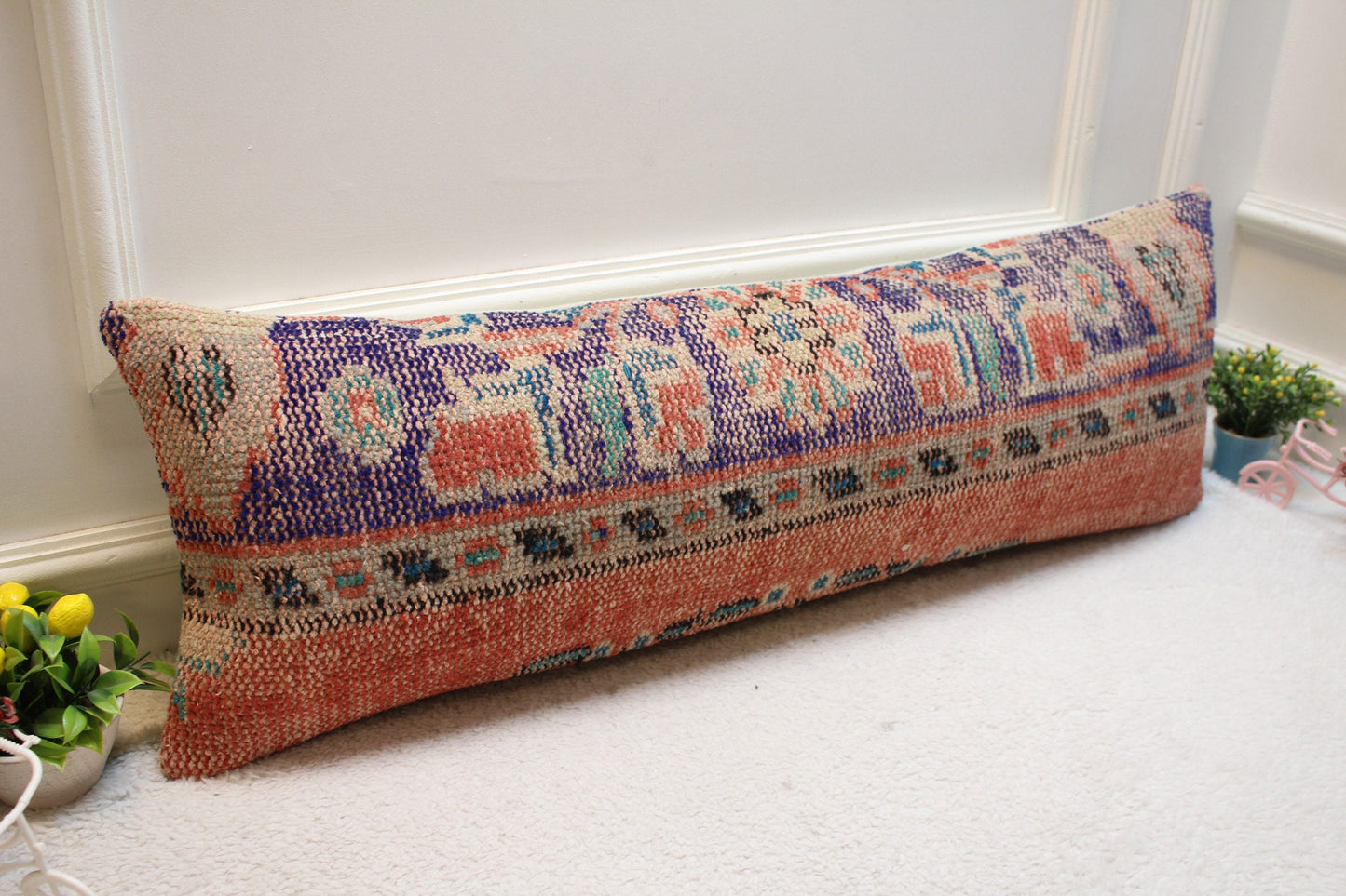 Handmade Turkish Rug Pillow: Organic Wool Lumbar Pillow Cover (12x36 in)