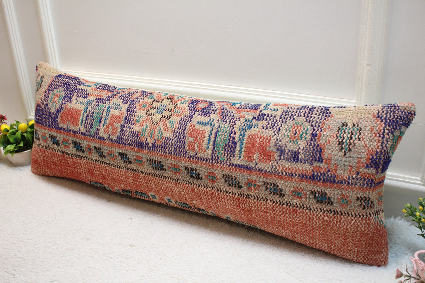 Handmade Turkish Rug Pillow: Organic Wool Lumbar Pillow Cover (12x36 in)