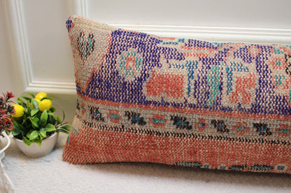 Handmade Turkish Rug Pillow: Organic Wool Lumbar Pillow Cover (12x36 in)