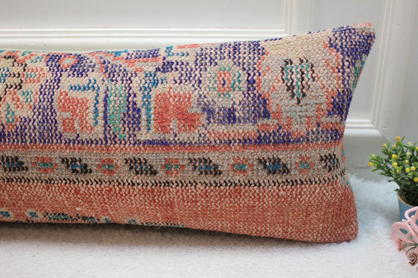 Handmade Turkish Rug Pillow: Organic Wool Lumbar Pillow Cover (12x36 in)