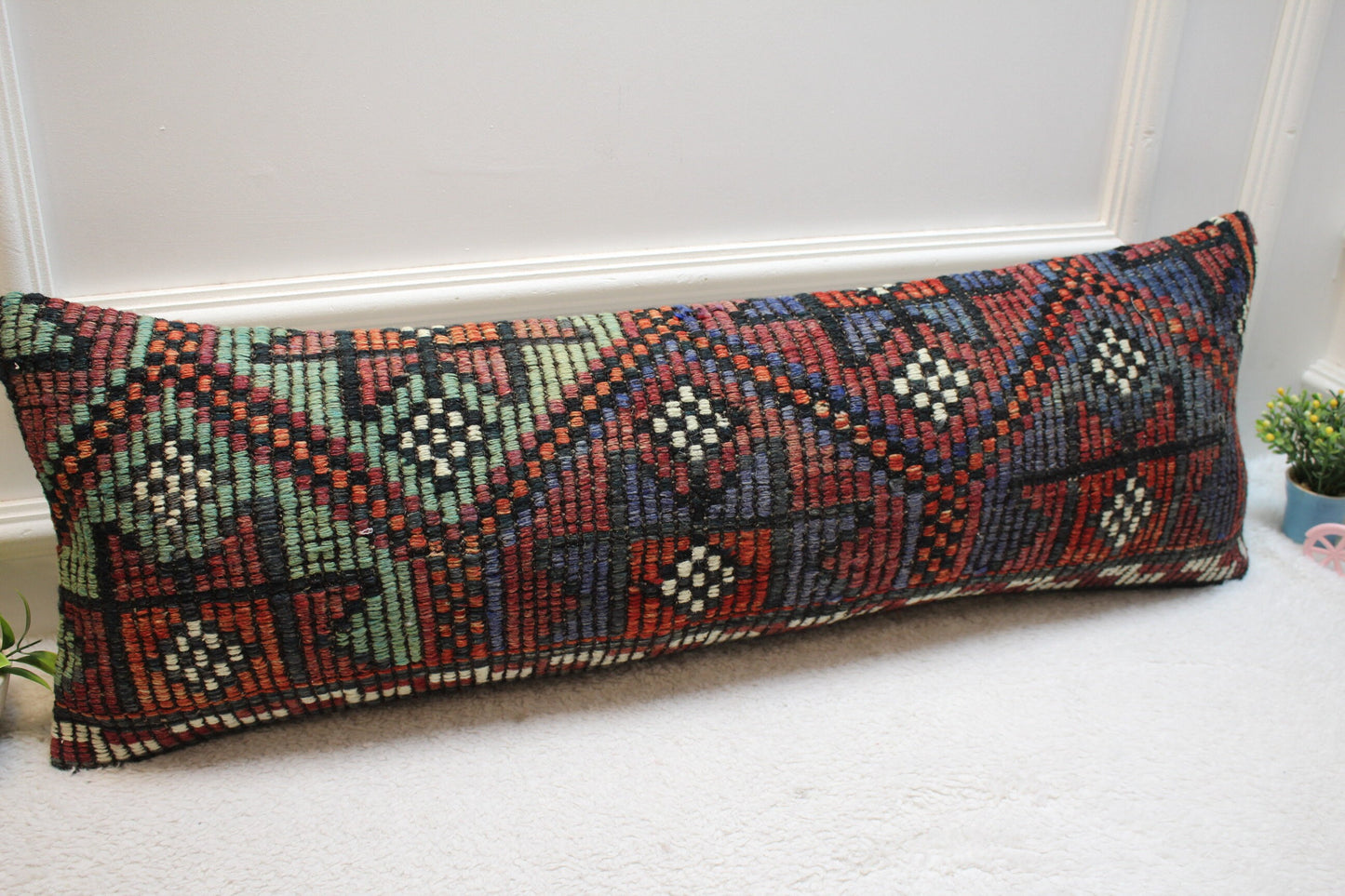 Handmade Geometric Kilim Lumbar Pillow Cover: Upcycled Vintage Rug (12x36 in)