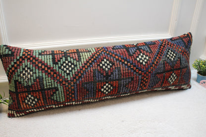 Handmade Geometric Kilim Lumbar Pillow Cover: Upcycled Vintage Rug (12x36 in)