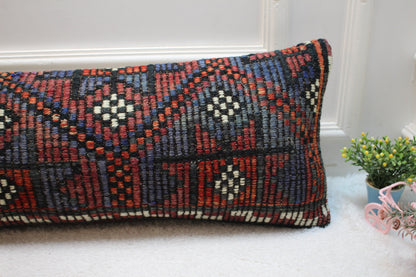 Handmade Geometric Kilim Lumbar Pillow Cover: Upcycled Vintage Rug (12x36 in)