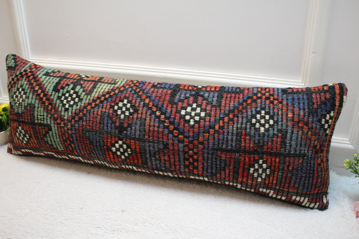 Handmade Geometric Kilim Lumbar Pillow Cover: Upcycled Vintage Rug (12x36 in)