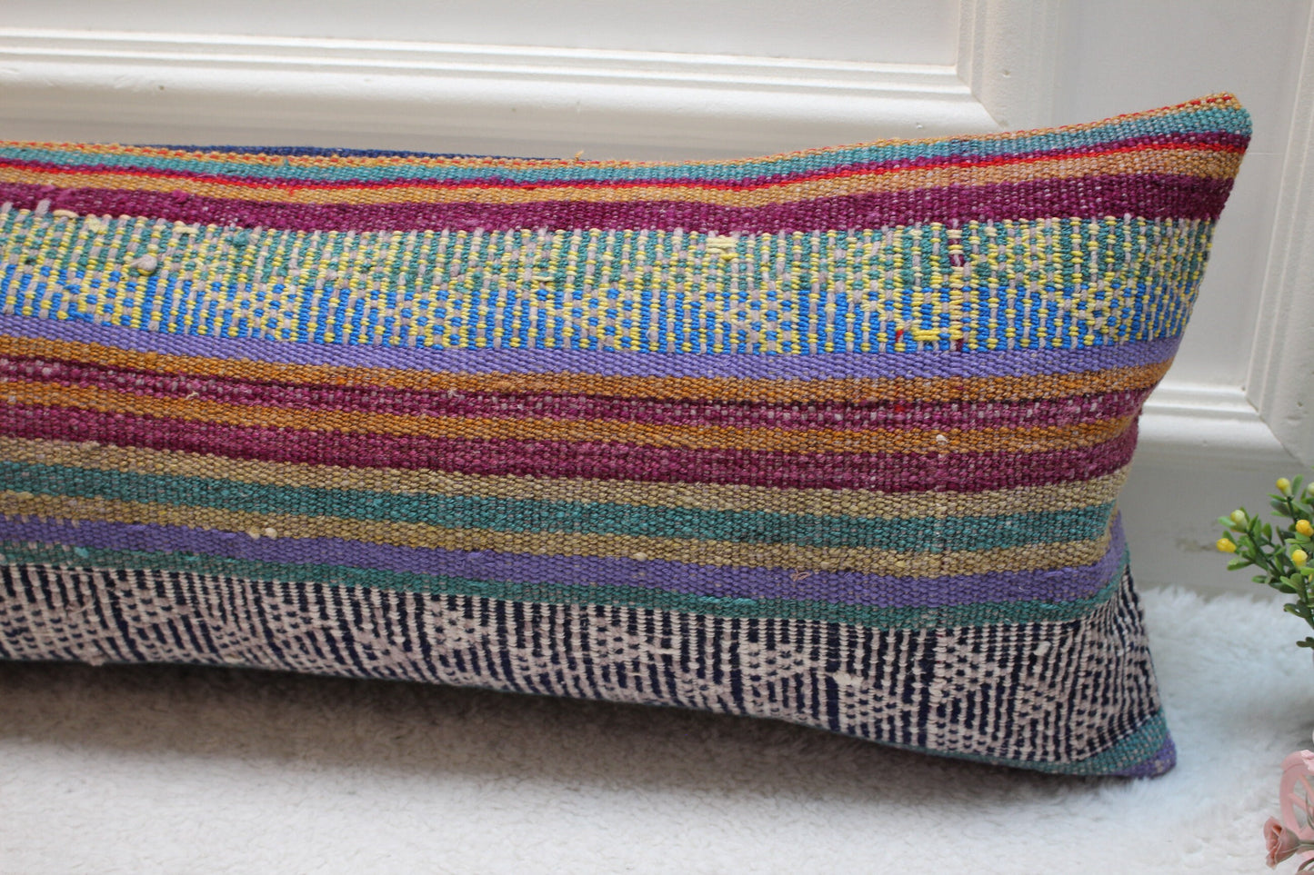 Vintage Blue Kilim Lumbar Pillow Cover: 12x36 Handwoven Wool