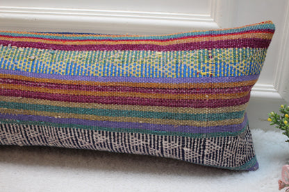 Vintage Blue Kilim Lumbar Pillow Cover: 12x36 Handwoven Wool