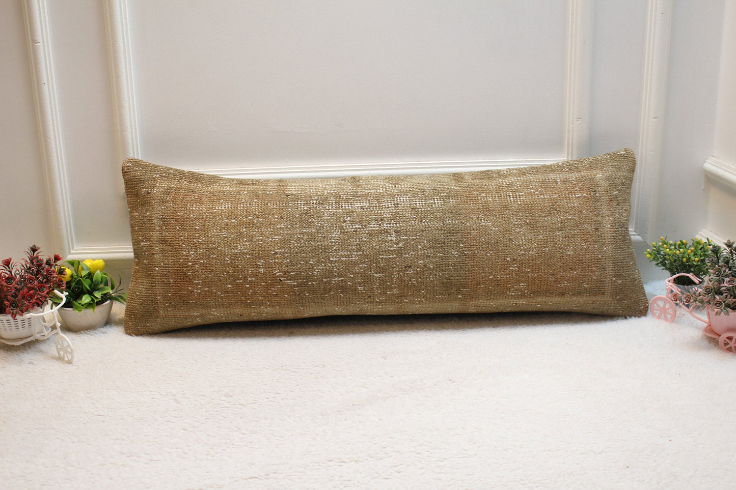 Brown Turkish Rug Pillow: Vintage Woven Lumbar Pillow Cover (12x36 in)