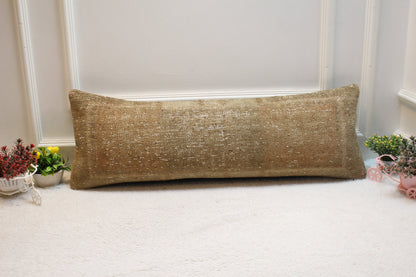 Brown Turkish Rug Pillow: Vintage Woven Lumbar Pillow Cover (12x36 in)