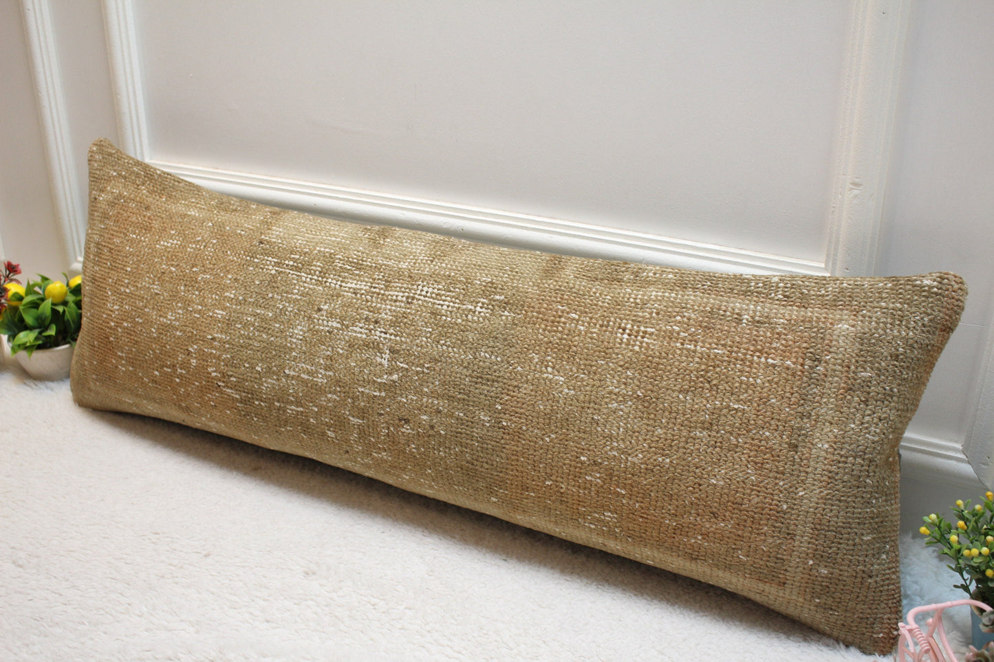 Brown Turkish Rug Pillow: Vintage Woven Lumbar Pillow Cover (12x36 in)