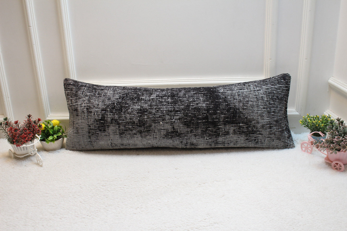 Gray Turkish Rug Pillow Cover: Long Lumbar, Upcycled Wool (12x36 in)