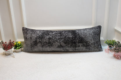 Gray Turkish Rug Pillow Cover: Long Lumbar, Upcycled Wool (12x36 in)