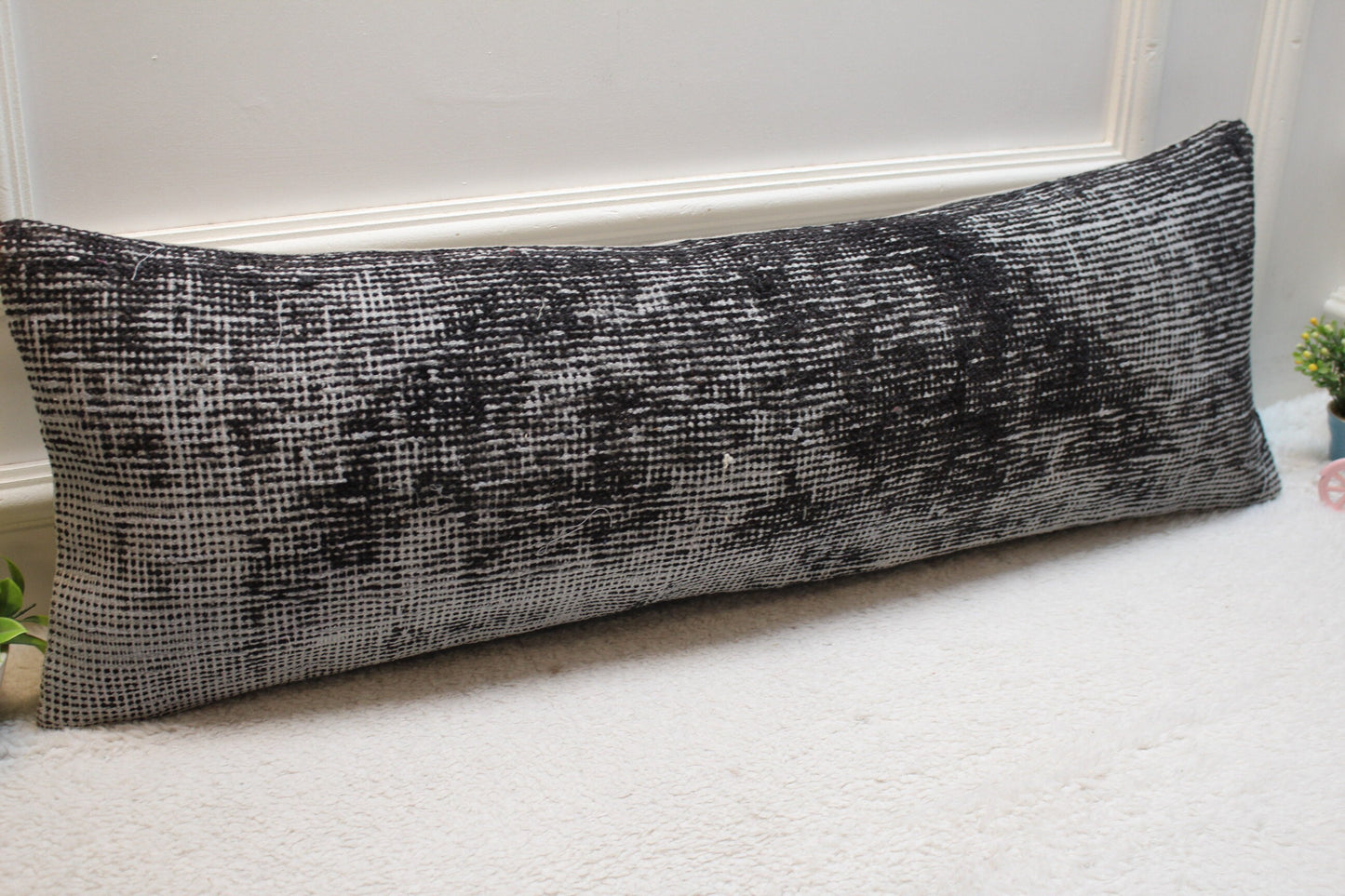 Gray Turkish Rug Pillow Cover: Long Lumbar, Upcycled Wool (12x36 in)