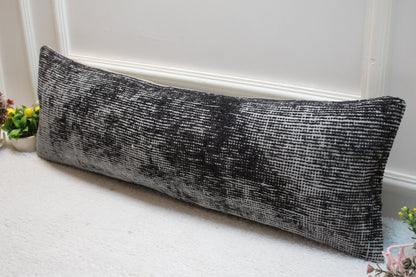 Gray Turkish Rug Pillow Cover: Long Lumbar, Upcycled Wool (12x36 in)