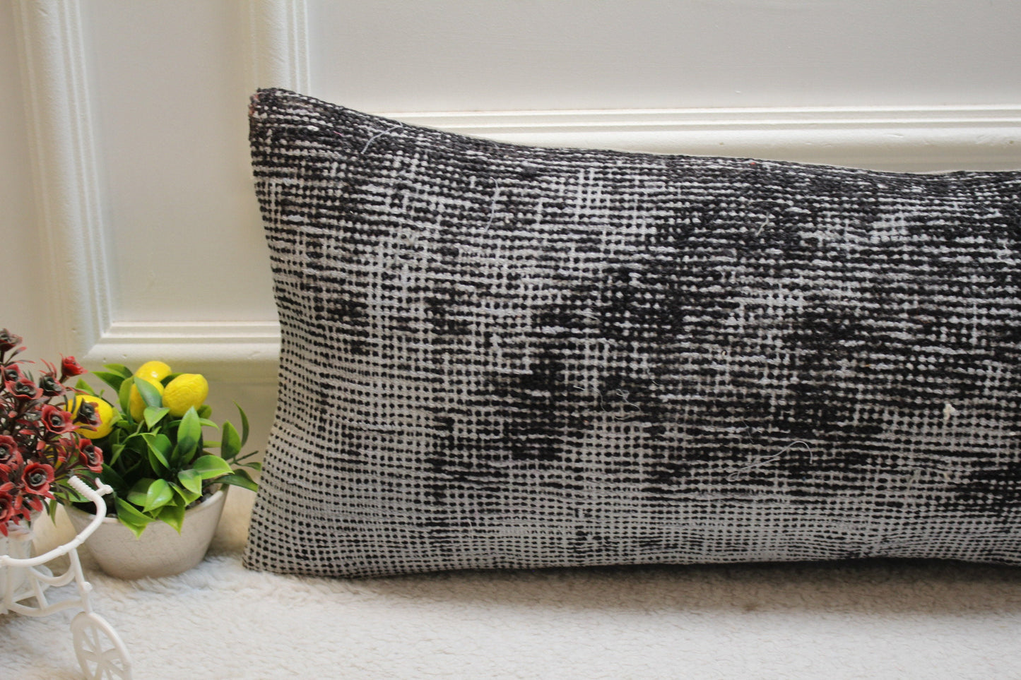 Gray Turkish Rug Pillow Cover: Long Lumbar, Upcycled Wool (12x36 in)
