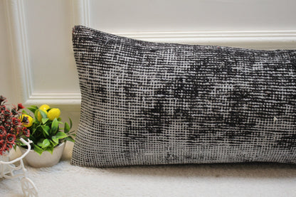 Gray Turkish Rug Pillow Cover: Long Lumbar, Upcycled Wool (12x36 in)