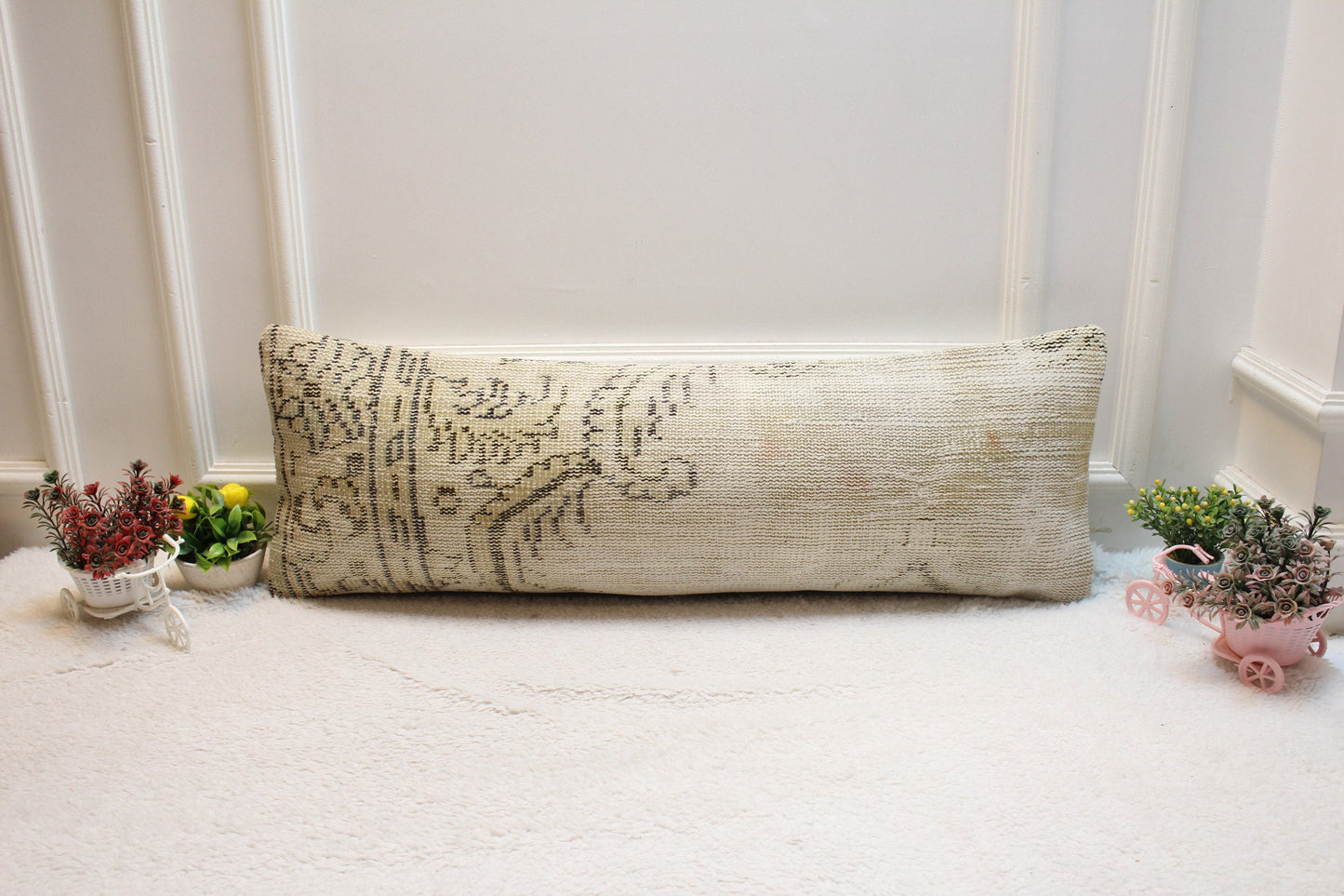 Beige Floral Turkish Rug Pillow: Handmade Lumbar Pillow Cover (12x36 in)