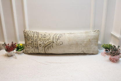 Beige Floral Turkish Rug Pillow: Handmade Lumbar Pillow Cover (12x36 in)
