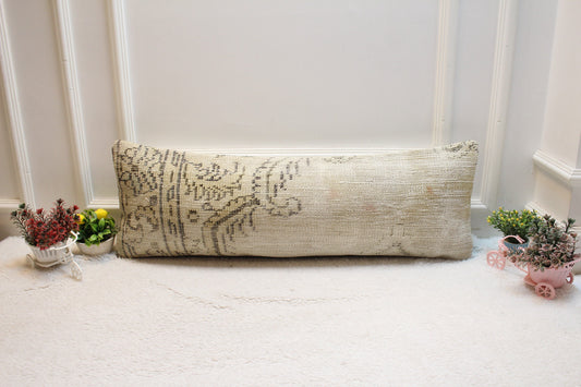Beige Floral Turkish Rug Pillow: Handmade Lumbar Pillow Cover (12x36 in)